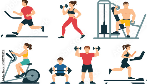 Gym Workout and Fitness Training Vector Set Featuring Treadmill, Weightlifting, Cycling and Strength Exercises