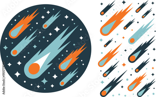 Set of Cartoon Comets and Asteroids Flying Through Space with Fiery Tails and Stars Isolated on White Background