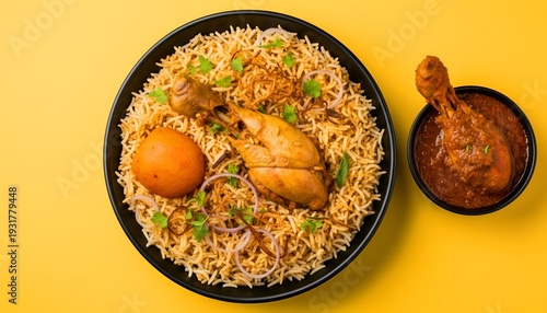 A plate of chicken biryani with another bowl of chicken chaap dish.