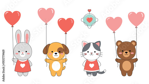 Collection of cute cartoon animals like a rabbit dog cat and bear holding heart shaped balloons for a valentines day celebration.