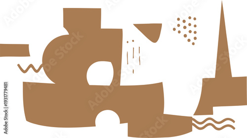 Abstract cityscape illustration with geometric shapes and spires, viewed from a distance