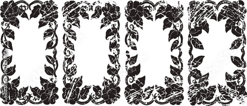 Vintage floral decorative frames set with ornate leaves and flowers in black silhouette style, isolated design elements