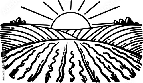 Sunrise over cultivated farmland with hills and rays of sunlight in black and white line art