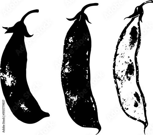Black chili pepper silhouettes set spicy vegetable pods with textured surface isolated on white background
