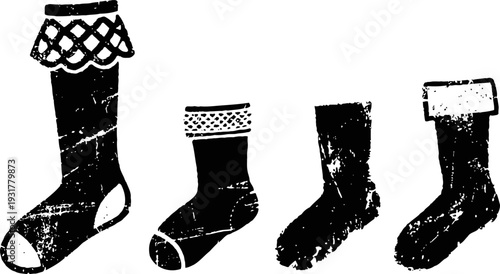 vintage textured silhouettes of four different socks showcasing various cuff and heel designs