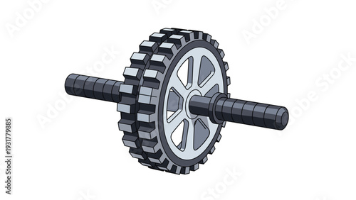 Mechanical ab roller or gear assembly with a central axle and two large treaded wheels rendered in a clean technical 3D style.