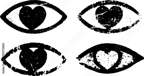 Grunge eye icons with heart shaped pupils in various distressed styles and textures