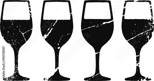 grunge black wine glass silhouettes set four distressed rustic stemware shapes isolated on white