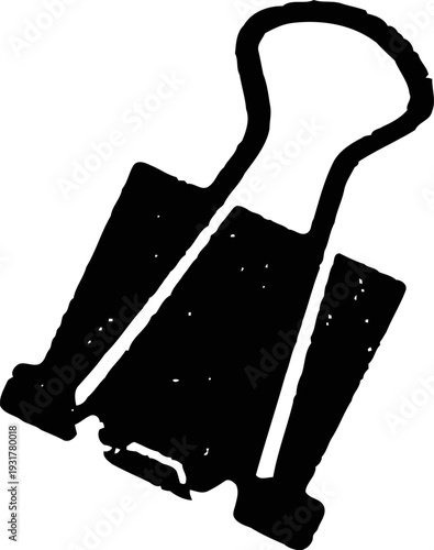 Black binder clip silhouette, office stationery tool for paper organization and document fastening