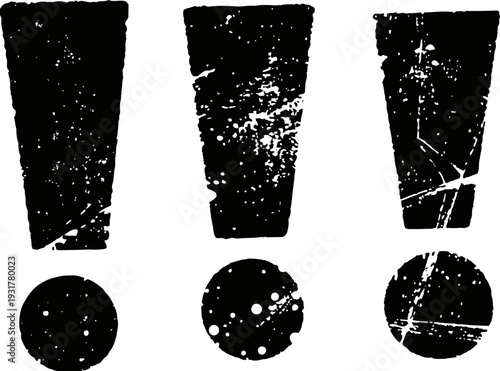 Grunge exclamation marks set with distressed textures and weathered vintage design elements