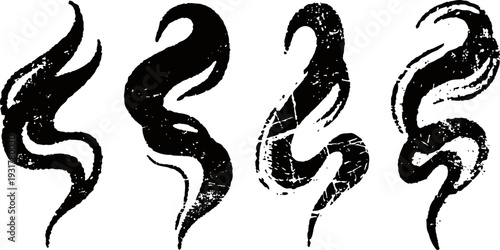 set of four abstract black grunge flame shapes curved fire silhouettes with textured distressed design