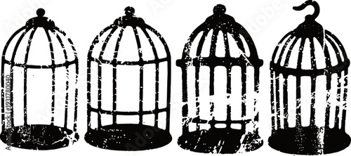 Set of four vintage birdcages silhouette isolated on white background