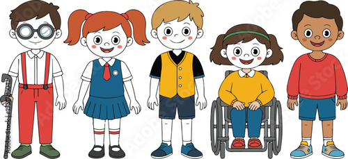 Children with Disabilities Character Vector Set Featuring Kids with Prosthetic Legs, Wheelchairs and White Canes