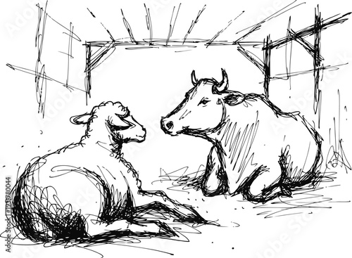 Cow and sheep resting inside a barn farm animals relaxing in a rustic stable setting