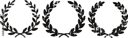 Collection of three black laurel wreath silhouettes on white background, vintage decorative element