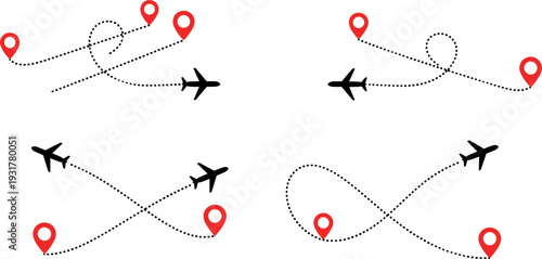 Airplane Route Path Illustration Set with Location Pins, Travel Flight Trails, and Navigation Map Elements for Tourism and Transportation Design