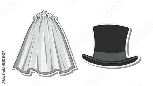 Bridal veil with a flower crown and a black top hat stickers representing a bride and groom for wedding themed designs.