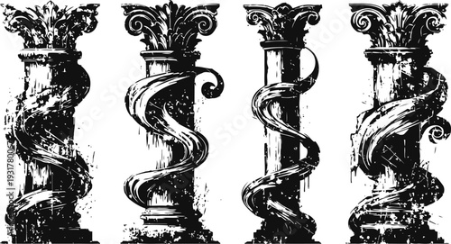 ancient classical columns with ornate capitals and decorative spiraling vines vintage architectural elements with textured stone surface