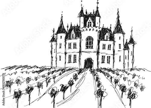 Hand drawn vintage castle with vineyard rows in front, old architecture historic building sketch
