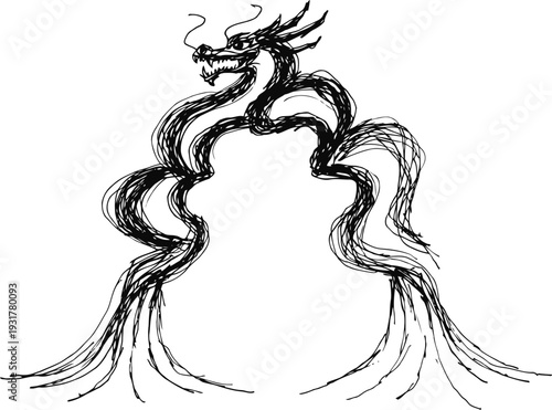 Abstract black ink dragon illustration with flowing lines and dynamic brushstroke