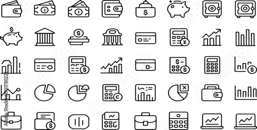 Investment Line Icons Set with Simple Flat Finance Symbols for Business and Accounting Applications