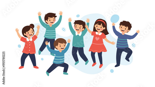 Group of diverse children jumping and dancing happily together with raised arms in a joyful and energetic community scene.