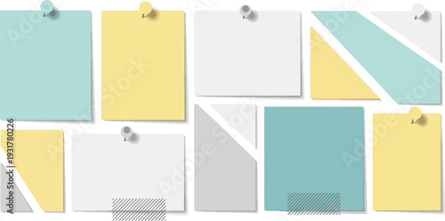 Colorful sticky notes and thumbtacks on a corkboard viewed from directly above