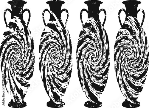 vintage amphora silhouette with spiral distortion effect in black and white