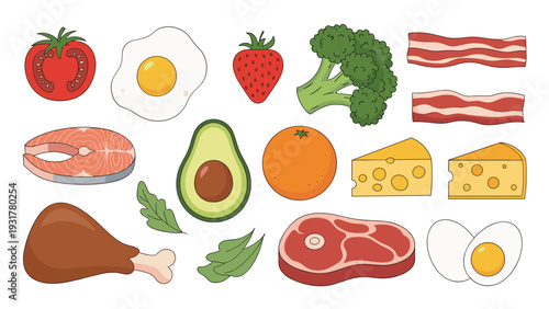 Selection of healthy food items including avocado meat eggs broccoli salmon tomato and cheese for a balanced keto or paleo diet.