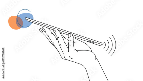 Outline drawing of a hand holding a slim digital tablet emitting wireless signal waves against a background with colored circles.