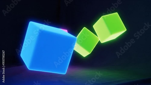 3D Neon Cubes Floating Abstract Background, Blue and Green Glowing Shapes