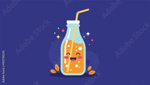 Cheerful cartoon juice bottle with a straw and a happy face set against a dark blue background with sparkles and abstract patterns.