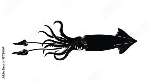 A striking black silhouette of a giant squid with flowing tentacles and a pointed mantle silhouette high quality professional detailed modern
