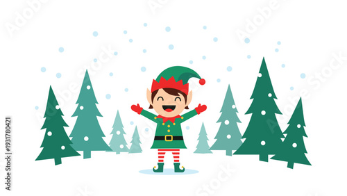 Cheerful Christmas elf wearing a green outfit and red hat standing in a snowy forest of pine trees with snowflakes falling.