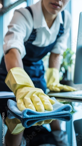 Cleaning service worker wiping glass desk with microfiber cloth, professional office cleaning in bright modern workspace