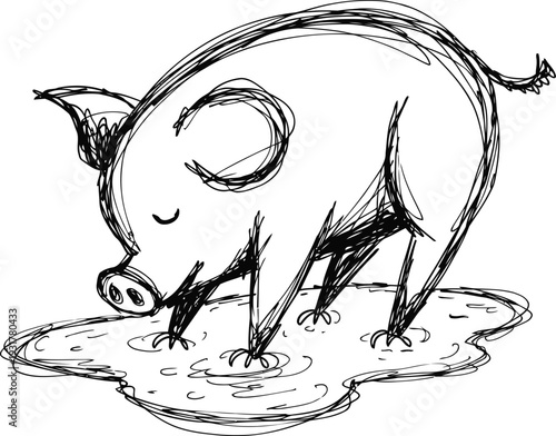 Cute piglet playing in a muddy puddle sketch of a happy pig with curly tail enjoying bath time