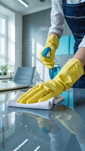 Cleaning service worker in yellow gloves wiping glass table with spray bottle in modern office interior with bright daylight and professional hygiene atmosphere