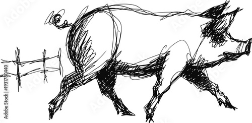 Sketch of a walking pig with curly tail and pointed ears in black ink drawing