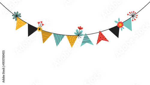 Festive party bunting banner with colorful patterned flags and small flower accents hanging on a string for a celebration or event.