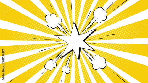 Pop art comic style starburst explosion with clouds and rays on a yellow halftone background creating a dynamic and loud effect.