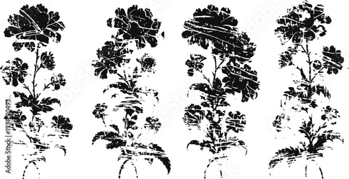 Silhouettes of various flowers and plants, black botanical illustrations on white background, vintage flora shapes