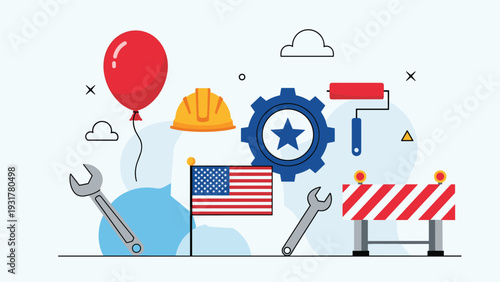 Labor day themed illustration featuring a US flag construction helmet gear tools and a barrier to celebrate American workers.