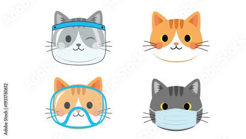 Set of four cute cat faces wearing different types of protective gear including face shields and masks for health and safety.