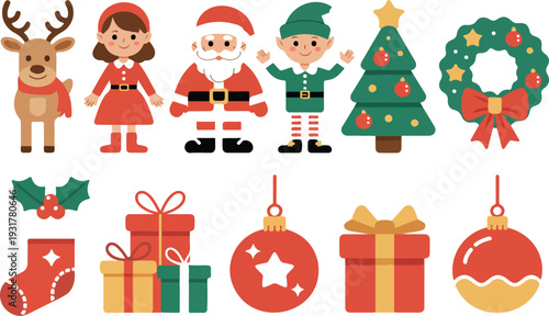 Christmas Characters and Objects Illustration Set with Cute Cartoon Clipart for Holiday Decorations