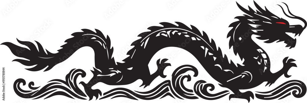 Fototapeta premium Celestial Storm Dragon Silhouette with Japanese Waves and Rising Sun Vector Illustration