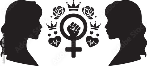 A collection of black and white hand-drawn icons representing women's empowerment,Women Empowerment Feminism Symbol Illustration,celebration, and daily life.