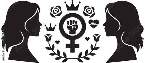 A collection of black and white hand-drawn icons representing women's empowerment,Women Empowerment Feminism Symbol Illustration,celebration, and daily life.