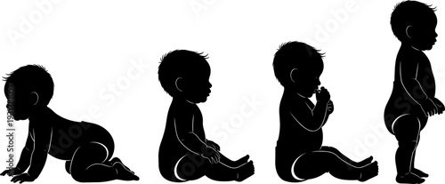 Baby Growth Stages Silhouette Illustration Set Showing Crawling, Sitting, and Walking Milestones for Child Development and Parenting Design Projects