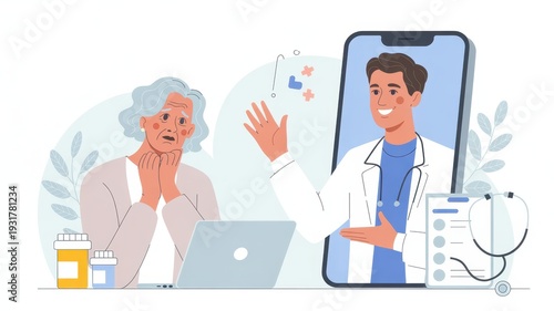 Senior woman having online medical consultation with doctor on smartphone screen at home in supportive healthcare mood