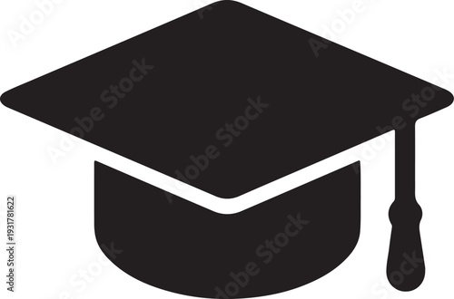 A simple black silhouette depicts a classic graduation cap with a tassel symbolizing academic achievement high quality